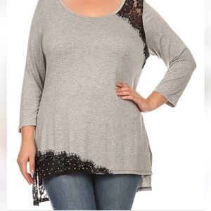 Gray & Black Embellished Three-Quarter Sleeve Top (3X)
